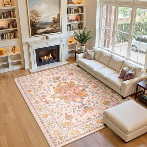 NewBuros 5'x7' Washable Area Rug for Living Room, Non Slip Vintage Distress Print Pattern Floral Rug, Soft Low Pile Indoor Carpet for Bedroom Dining Room, Light Pink Colorful