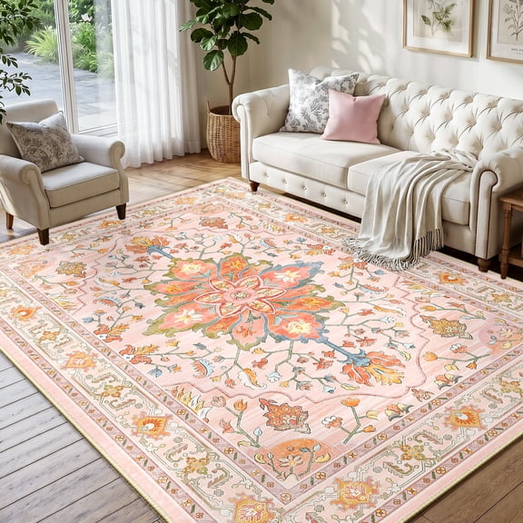 NewBuros 5'x7' Washable Area Rug for Living Room, Non Slip Vintage Distress Print Pattern Floral Rug, Soft Low Pile Indoor Carpet for Bedroom Dining Room, Light Pink Colorful