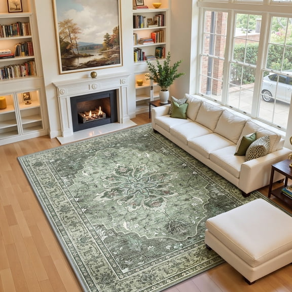 NewBuros Area Rugs 6'x9' Non-Slip Washable, Floral Vintage Distress Print Pattern Low Pile Soft Indoor Rugs for Living Room Bedroom Dining Room, Gray Green