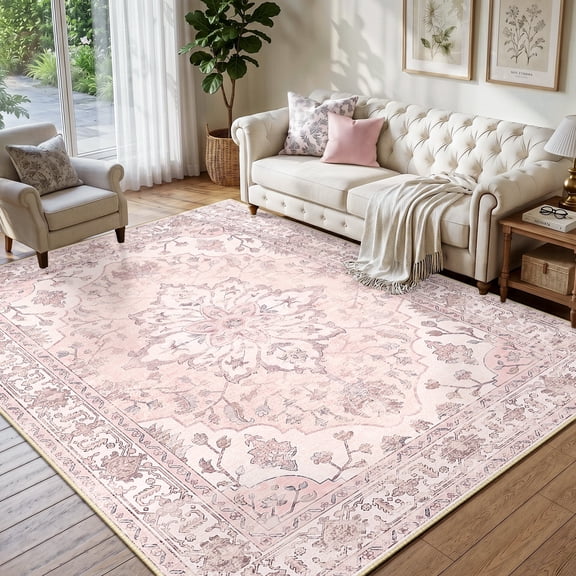 NewBuros 6'x9' Washable Area Rug for Living Room, Non Slip Vintage Distress Print Pattern Floral Rug, Soft Low Pile Indoor Carpet for Bedroom Dining Room, Gray Pink
