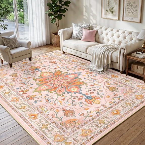 NewBuros 6'x9' Washable Area Rug for Living Room, Non Slip Vintage Distress Print Pattern Floral Rug, Soft Low Pile Indoor Carpet for Bedroom Dining Room, Light Pink Colorful