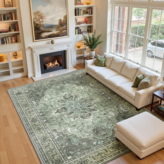 NewBuros 8'x10' Washable Area Rug for Living Room, Non Slip Vintage Distress Print Pattern Floral Rug, Soft Low Pile Indoor Carpet for Bedroom Dining Room, Gray Green