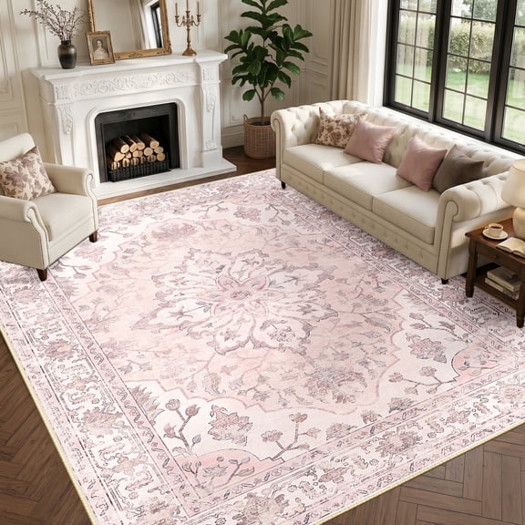 NewBuros 8'x10' Washable Area Rug for Living Room, Non Slip Vintage Distress Print Pattern Floral Rug, Soft Low Pile Indoor Carpet for Bedroom Dining Room, Gray Pink