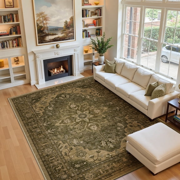 NewBuros 8'x10' Washable Area Rug for Living Room, Non Slip Vintage Distress Print Pattern Floral Rug, Soft Low Pile Indoor Carpet for Bedroom Dining Room, Dark Brown