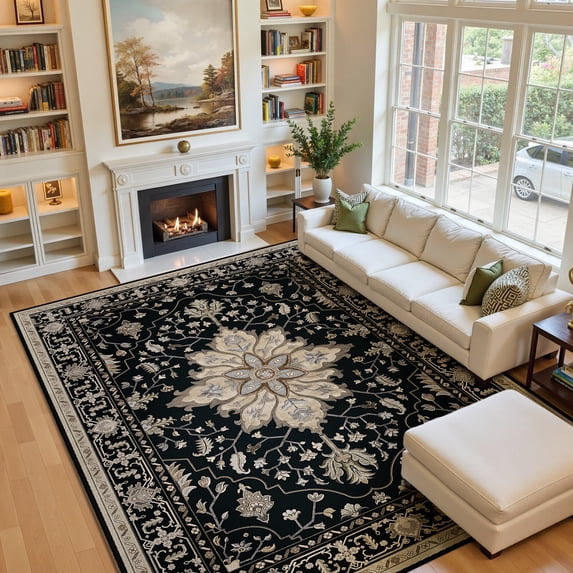 NewBuros 9'x12' Washable Area Rug for Living Room, Non Slip Vintage Distress Print Pattern Floral Rug, Soft Low Pile Indoor Carpet for Bedroom Dining Room, Black