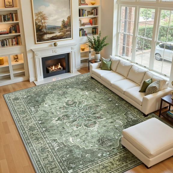 NewBuros Area Rugs 9'x12' Non-Slip Washable, Floral Vintage Distress Print Pattern Low Pile Soft Indoor Rugs for Living Room Bedroom Dining Room, Gray Green