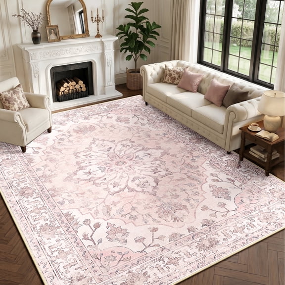 NewBuros 9'x12' Washable Area Rug for Living Room, Non Slip Vintage Distress Print Pattern Floral Rug, Soft Low Pile Indoor Carpet for Bedroom Dining Room, Gray Pink