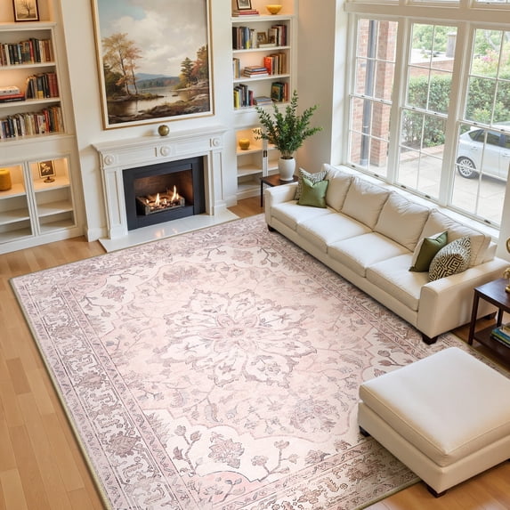 NewBuros 9'x12' Washable Area Rug for Living Room, Non Slip Vintage Distress Print Pattern Floral Rug, Soft Low Pile Indoor Carpet for Bedroom Dining Room, Gray Pink