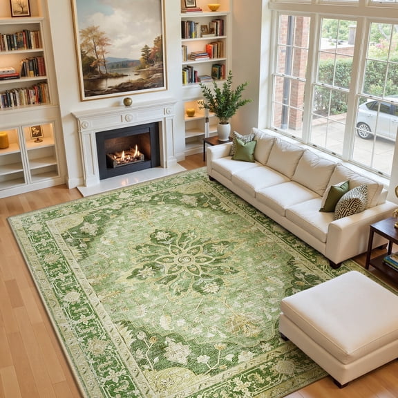 NewBuros 9'x12' Washable Area Rug for Living Room, Non Slip Vintage Distress Print Pattern Floral Rug, Soft Low Pile Indoor Carpet for Bedroom Dining Room, Yellow Green