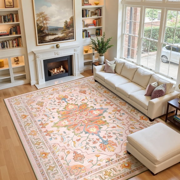NewBuros 9'x12' Washable Area Rug for Living Room, Non Slip Vintage Distress Print Pattern Floral Rug, Soft Low Pile Indoor Carpet for Bedroom Dining Room, Light Pink Colorful