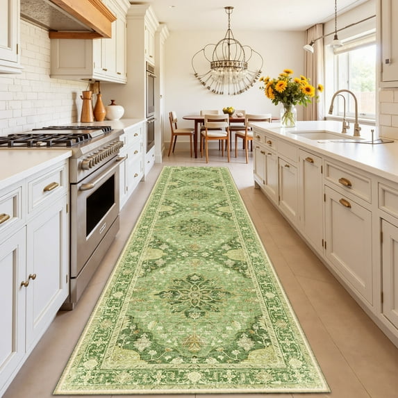 NewBuros Area Rugs 2'x10' Non-Slip Washable, Floral Vintage Distress Print Pattern Low Pile Soft Indoor Runner Rugs for Hallway Kitchen Bedroom, Yellow Green