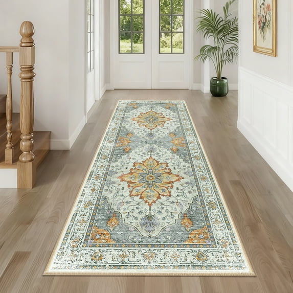 NewBuros Area Rugs 2'x6' Non-Slip Washable, Floral Vintage Distress Print Pattern Low Pile Soft Indoor Runner Rugs for Hallway Kitchen Bedroom, Light Yellow Gray
