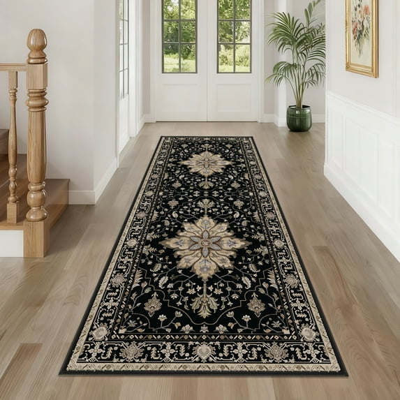 NewBuros Area Rugs 2'x6' Non-Slip Washable, Floral Vintage Distress Print Pattern Low Pile Soft Indoor Runner Rugs for Hallway Kitchen Bedroom, Black