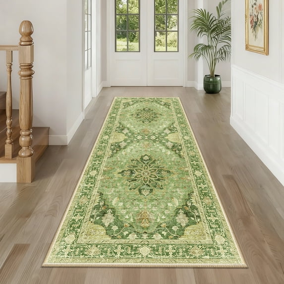 NewBuros Area Rugs 2'x6' Non-Slip Washable, Floral Vintage Distress Print Pattern Low Pile Soft Indoor Runner Rugs for Hallway Kitchen Bedroom, Yellow Green