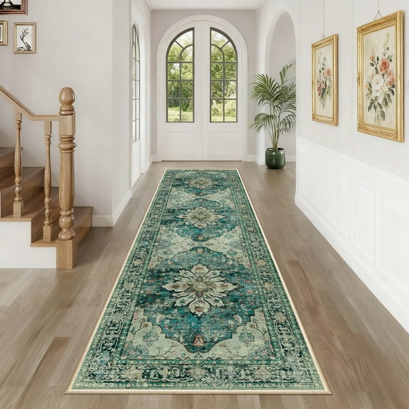 NewBuros Area Rugs 2'x8' Non-Slip Washable, Floral Vintage Distress Print Pattern Low Pile Soft Indoor Runner Rugs for Hallway Kitchen Bedroom, Dark Blue