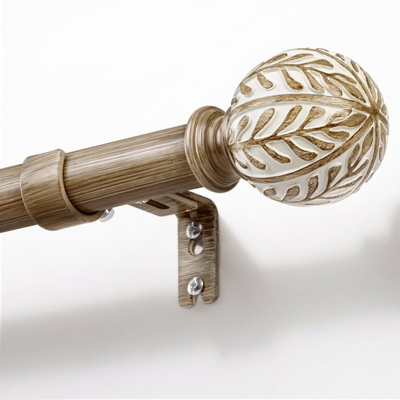 NewBuros Weathered Wood Wood Curtain Rod for Windows, 1" Diameter Heavy-Duty Wooden Curtain Pole Set, Adjustable Length 32 to 120 Inch with Decorative Leaf Finial.