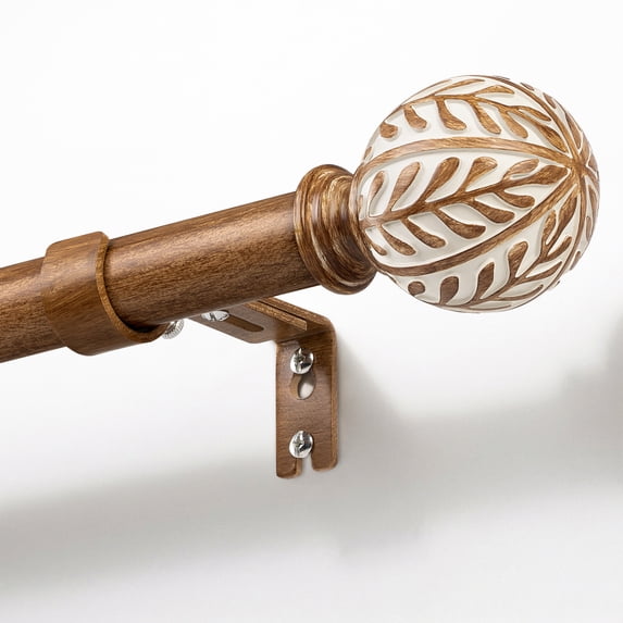 NewBuros Wood Curtain Rod for Windows 32 to 120 Inch, 1" Diameter Heavy-Duty Curtain Rods Set, with Decorative Embossed Wood Grain Leaf Finial, Sturdy Rust-Proof Adjustable Design, Coffee Brown
