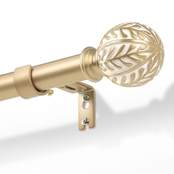 NewBuros Champagne Wood Curtain Rod for Windows, 1" Diameter Heavy-Duty Wooden Curtain Pole Set, Adjustable Length 32 to 48 Inch with Decorative Leaf Finial.