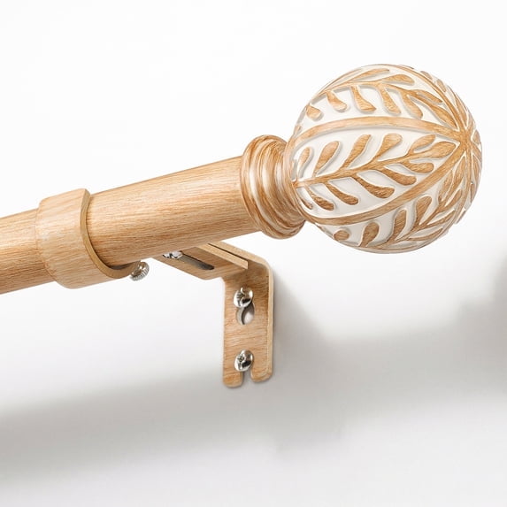 NewBuros Brown Wood Curtain Rod for Windows, 1" Diameter Heavy-Duty Wooden Curtain Pole Set, Adjustable Length 32 to 72 Inch with Decorative Leaf Finial.