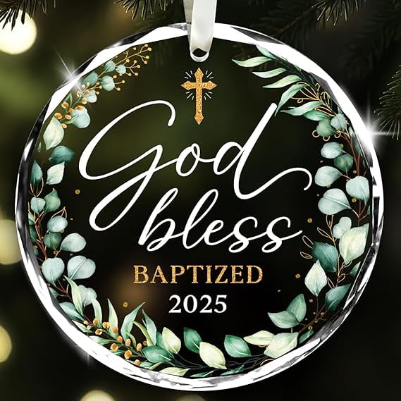 NewEleven Baptism Ornament God Bless 2025, Heartwarming Holiday Keepsake, Glass Ornament Gift for Baptism or Godchild