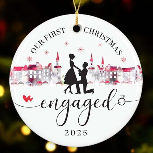NewEleven Engaged Ornament First Christmas Engaged 2025, Ceramic Holiday Keepsake, Ornament Gift for Engaged Couple
