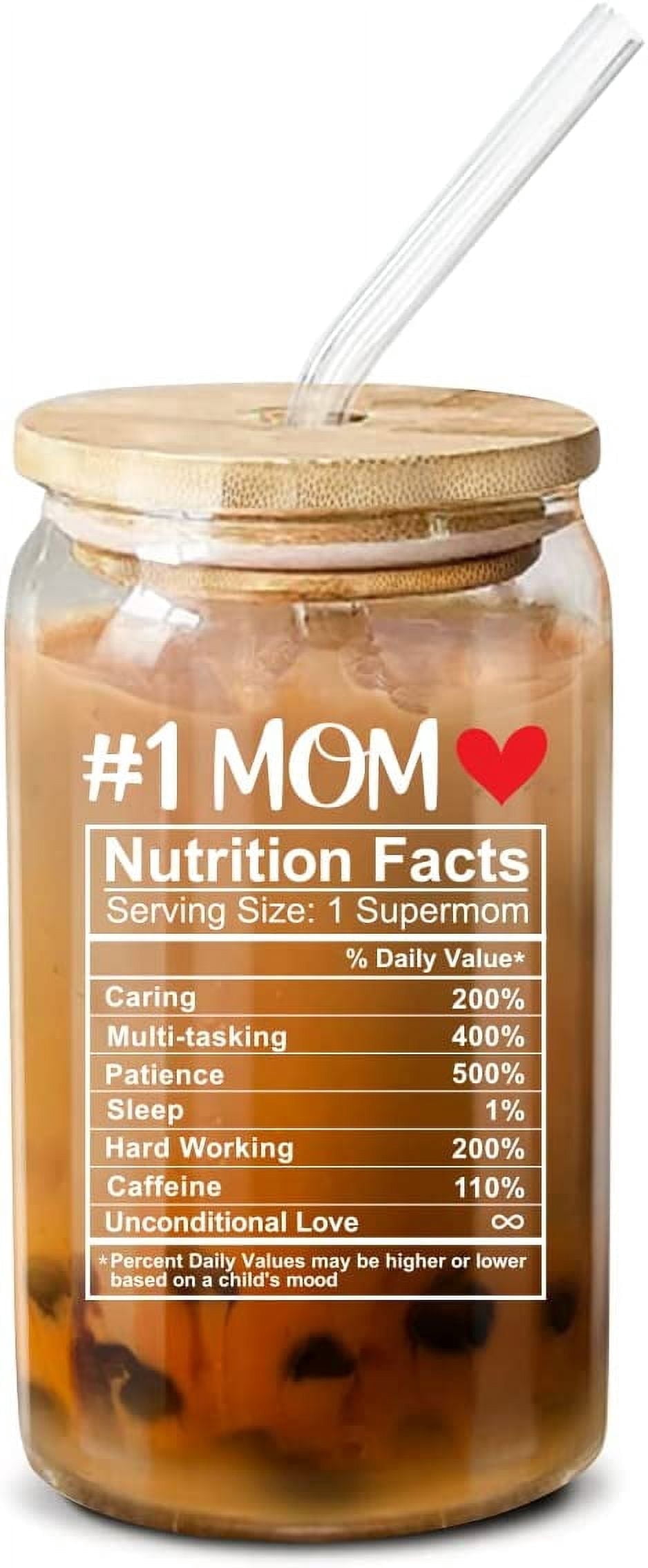 Neweleven Mothers Day Gift for Mom, 16oz Nutrition Facts Glass Cup, Funny Mom Gift from Daughter Son, Iced Coffee Tumbler