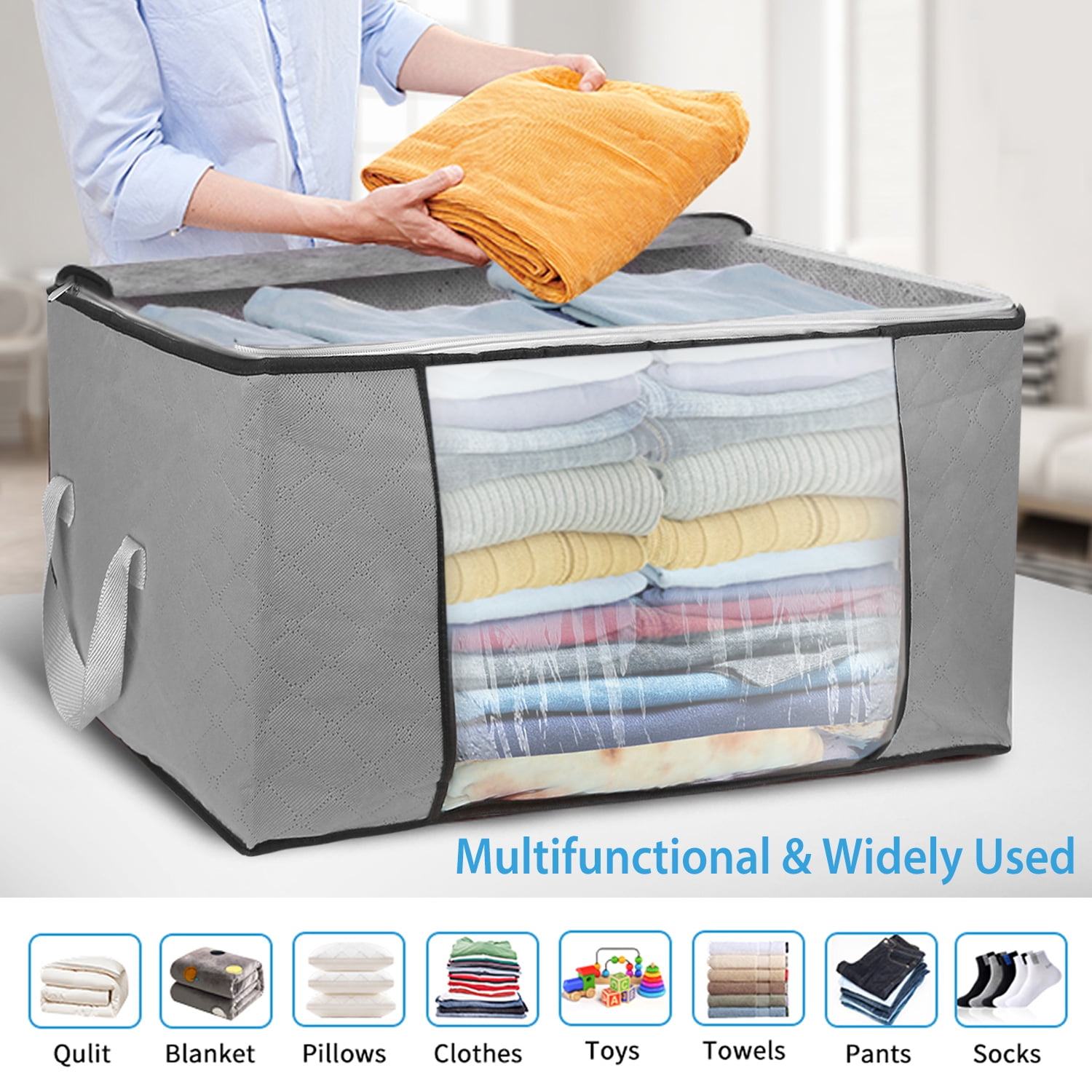 NewHome 2Pcs 90L Fabric Clothes Storage Bags Dustproof Moisture proof Handle Blanket Bedding Organizer Bins with Clear Window for Clothes Comforters Grey Walmart