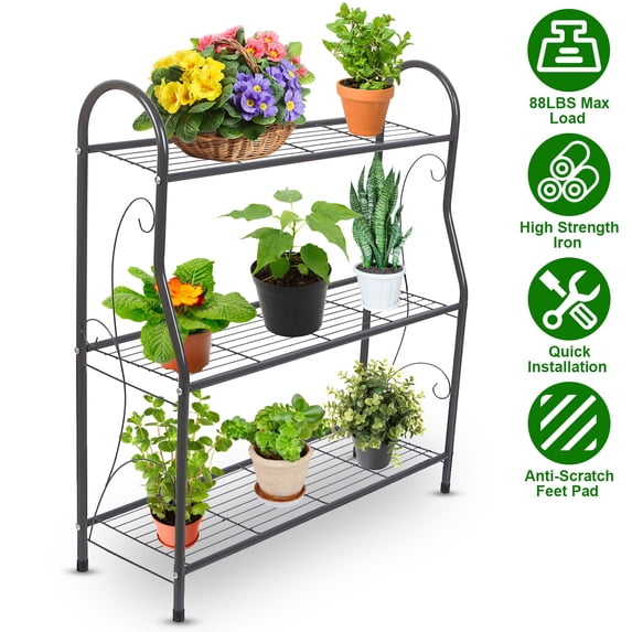 Moclever 3 Tier Metal Plant Stand, Flower Pot Holder 88lbs Load Utility Storage Organizer for Living Room Garden Patio, Grey