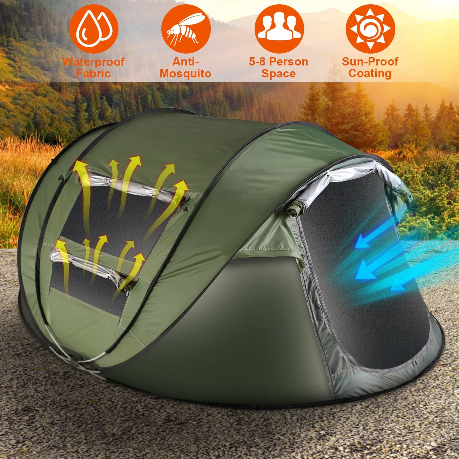 NewHome 5-8 Person Pop Up Tent Automatic Setup Camping Tent Waterproof Instant Setup Tent with 4 Mosquito Net Windows Carrying Bag for Hiking Climbing Adventure Fishing - Green