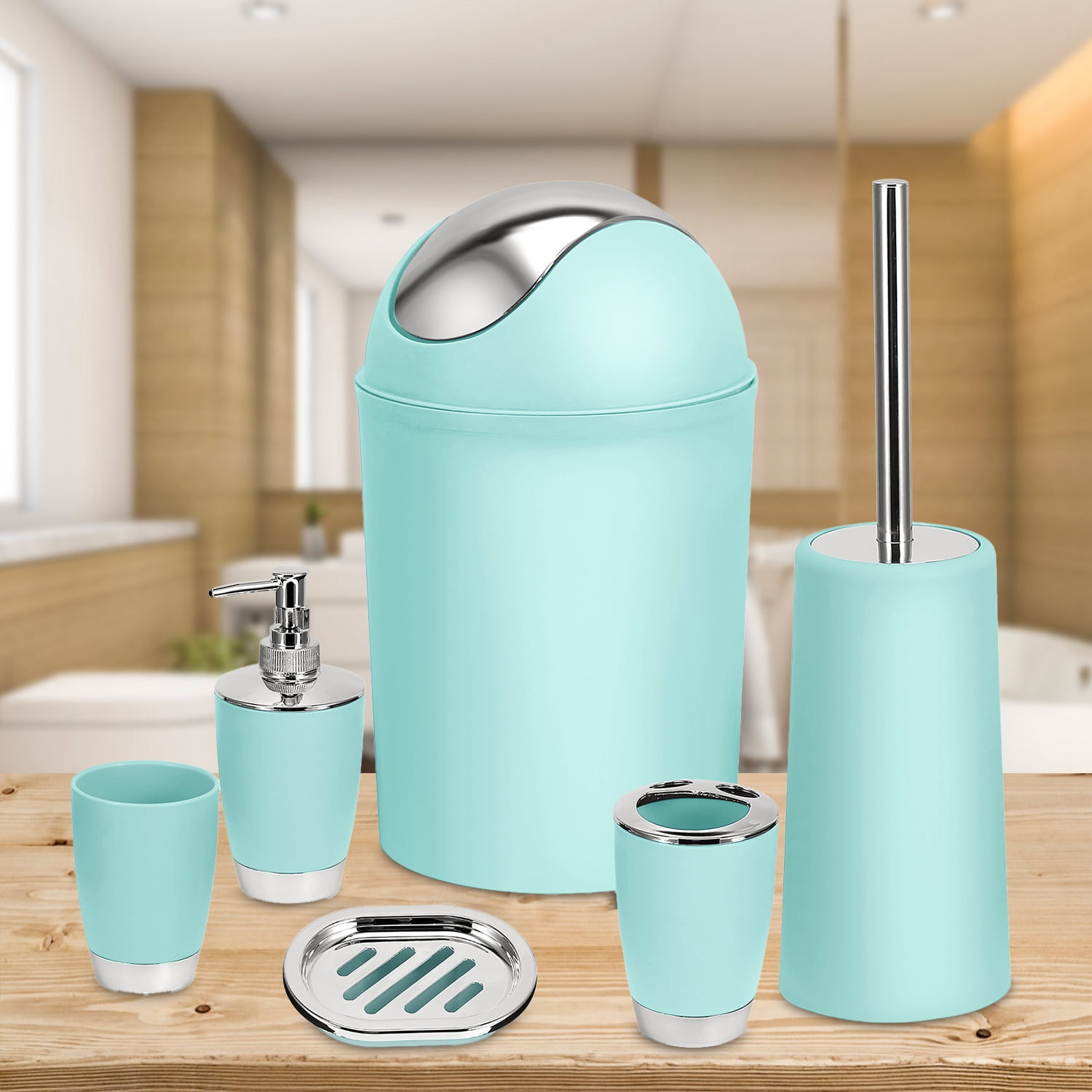 Aqua 6-Piece Plastic Bathroom Accessory Set with Chrome Accents