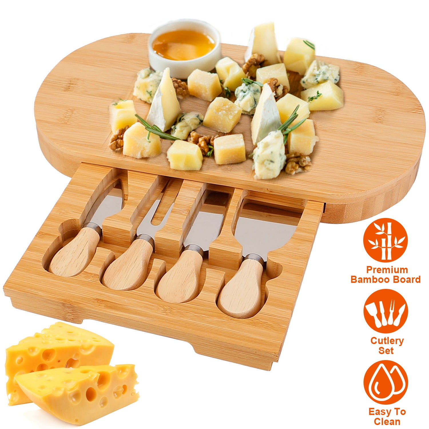 ROYAL CRAFT WOOD Bamboo Cheese Board and Knife Set with  Charcuterie Board & Serving Tray with 4 Stainless Steel Knife & Thick Wooden  Server with Bowls and Serveware Accessories: Cheese