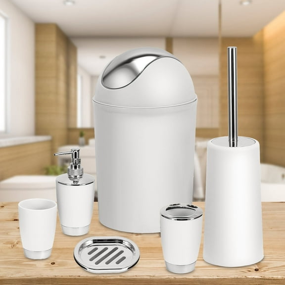 TeqHome 6Pcs Bathroom Accessories Set 6 Piece Plastic Bathroom Soap Dispenser Set Soap Dispenser Toot for Bathroom White