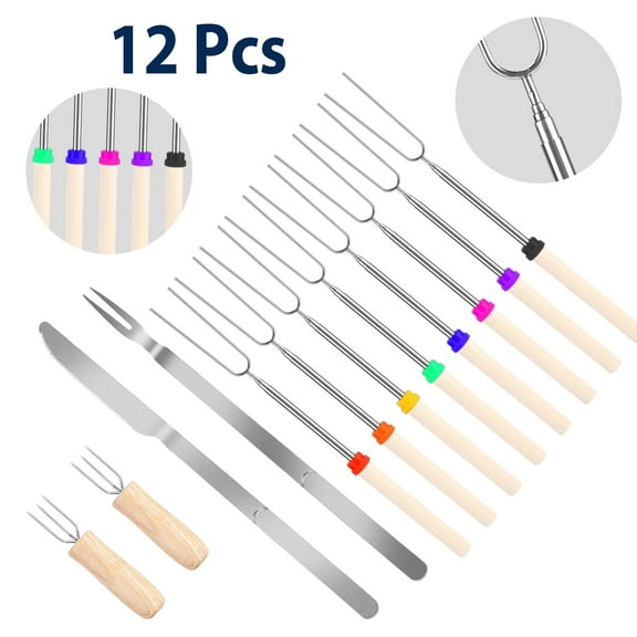 TeqHome Telescoping BBQ Roasting Sticks 12PCS Smores Skewers Hot Dog Marshmallow Fork