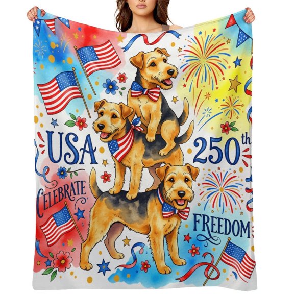 NewJum 250 Years Terrier Dog Blanket, 4th of July Floral Warm Soft Cozy Flannel Throw Blankets for Bedroom Camping Travel, American Couch Sofa Decor 30×40