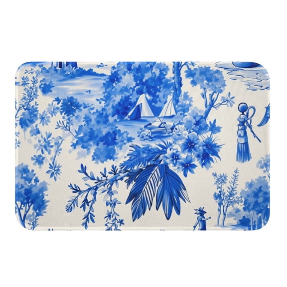 NewJum Blue French Country Toile Pattern Crystal Velvet Bath Mat - Slip-Resistant, Soft Rug,15.7"x23.6"