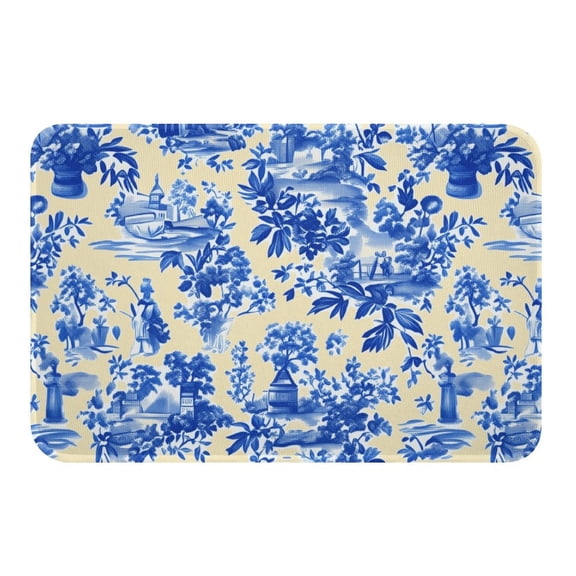 NewJum Blue French Country Toile Pattern Crystal Velvet Bath Mat - Slip-Resistant, Soft Rug,15.7"x23.6"