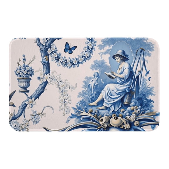 NewJum Blue French Country Toile Pattern Crystal Velvet Bath Mat - Slip-Resistant, Soft Rug,19.7"x31.5"