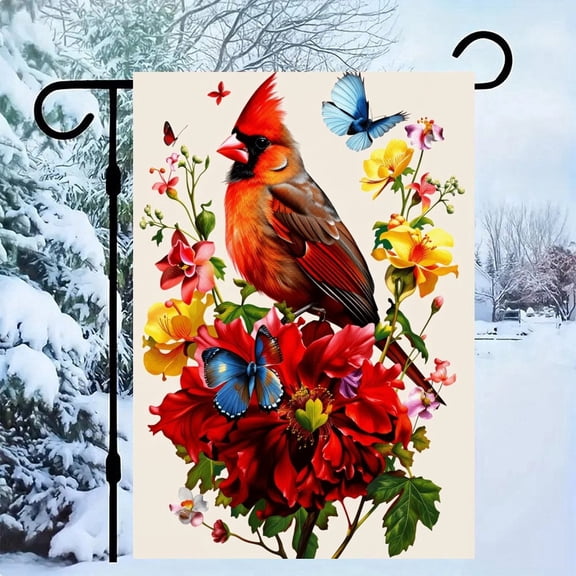NewJum Red Bird Butterfly Flowers Garden Flag Double Sided Spring Summer Cardinal Flower Yard Outdoor Flag House Holiday Outside Decoration,12x18