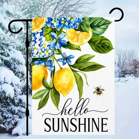 NewJum Spring Summer Lemon Hydrangea Welcome Garden Flag Double Sided, Hello Sunshine Lemon Fruit Floral Burlap Small Yard Flag Seasonal Holiday Outside,12x18