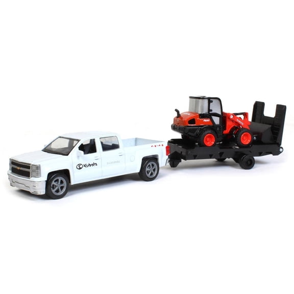 NewRay Kubota R630 Wheel Loader Toy with Chevrolet Pickup Truck and Trailer 1 Set