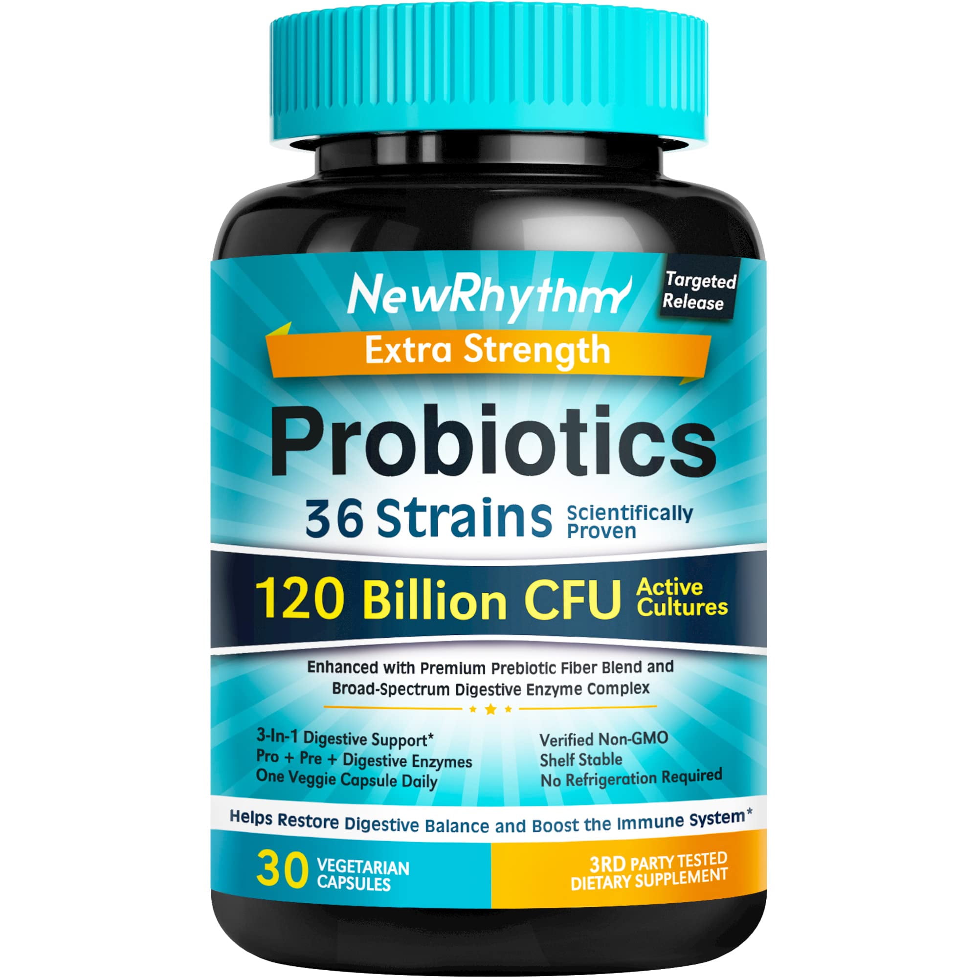NewRhythm Probiotics 120 Billion CFU 36 Strains, 3-in-1 Digestive