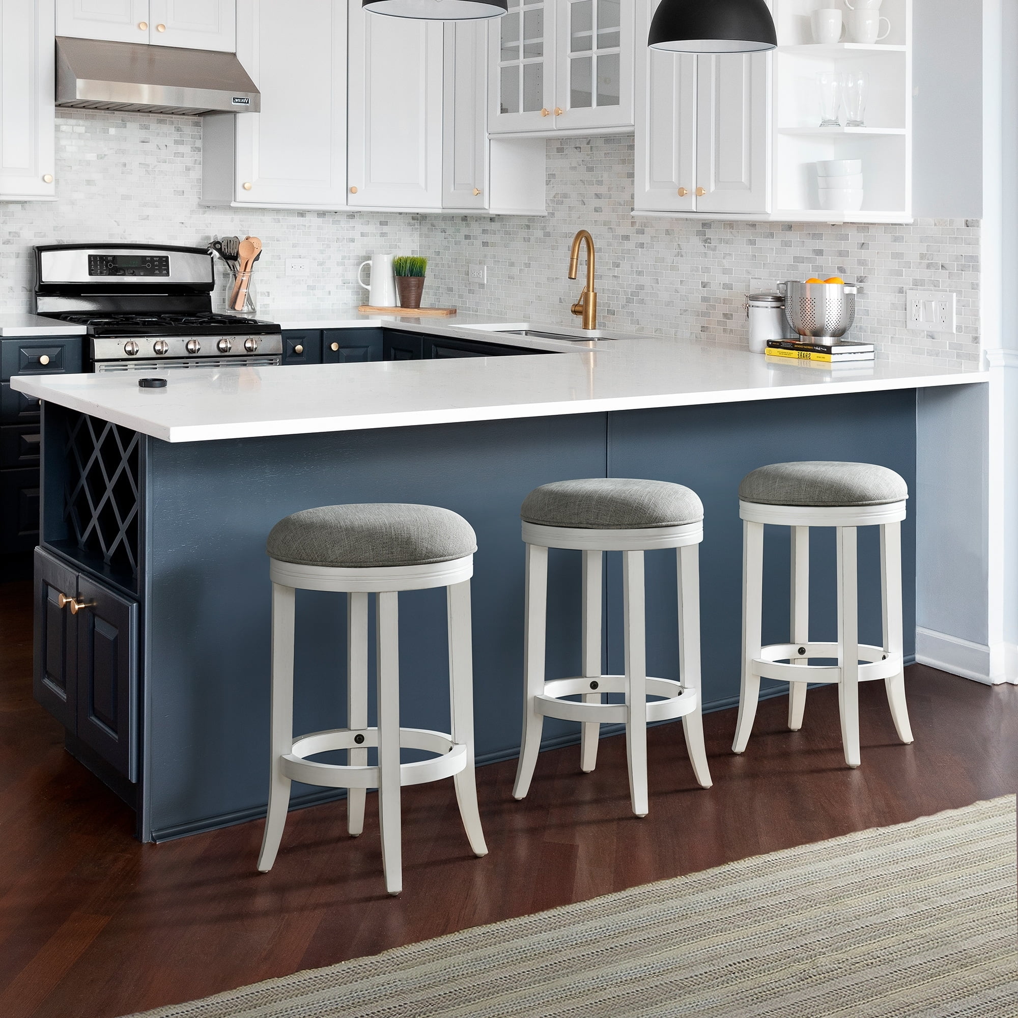 Avery 26" White Wood Swivel Backless Counter Stool with Gray Upholstered Seat