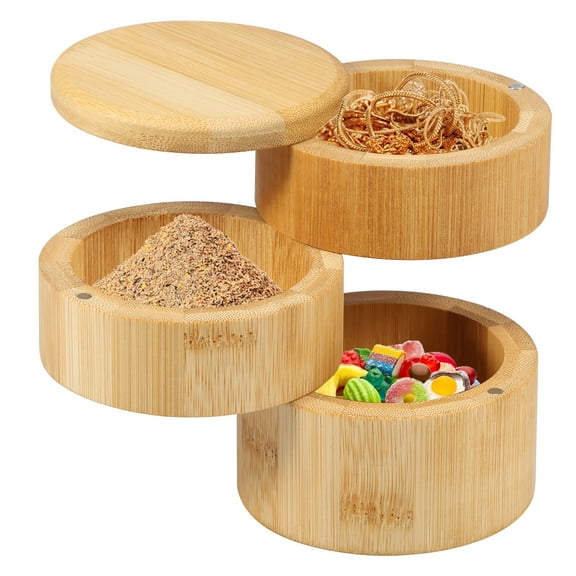 NewSoul Bamboo Salt Cellar with Magnetic Cover 3 Layer Bamboo Salt Box One Hand Handling Salt Storage Container Large Capacity Spice Container Kitchen Salt Box for Salt Spices peppercorns