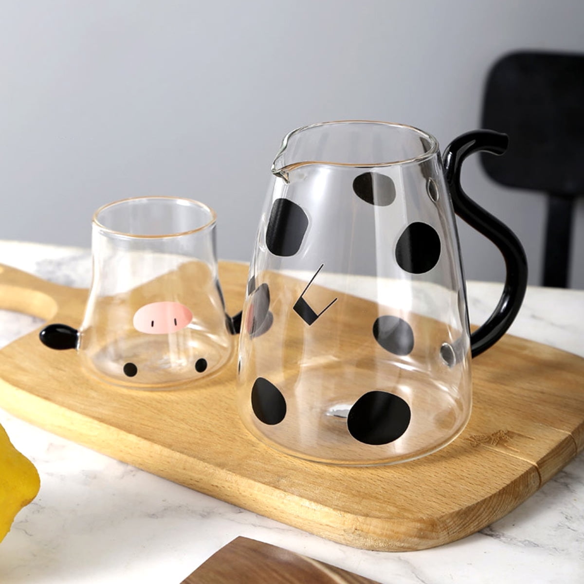 NewSoul Cow Glass Water Pitcher with Glass Cup 500ml Vshaped Spout Cow