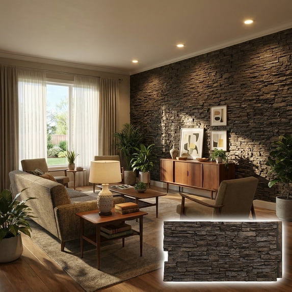 NewStone Canyon Ridge Faux Stone Panel, 45 3/4"W x 24 1/2"H x 1 1/4"D, Alder Creek Color