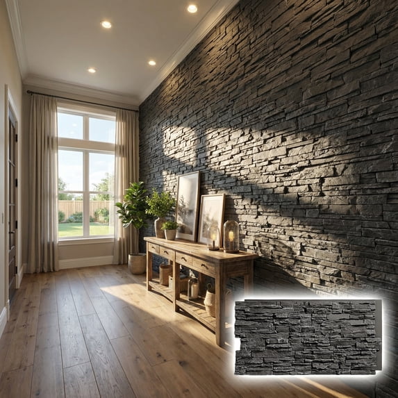 NewStone Canyon Ridge Faux Stone Panel, 45 3/4"W x 24 1/2"H x 1 1/4"D, Graphite Color