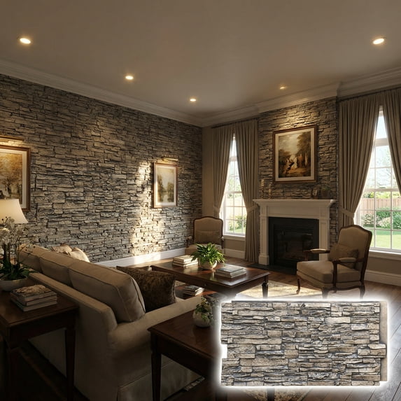 NewStone Canyon Ridge Faux Stone Panel, 45 3/4"W x 24 1/2"H x 1 1/4"D, Linen Graphite Color