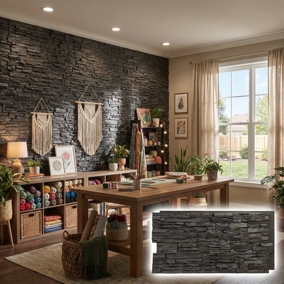 NewStone Canyon Ridge Faux Stone Panel, 45 3/4"W x 24 1/2"H x 1 1/4"D, River Moss Color