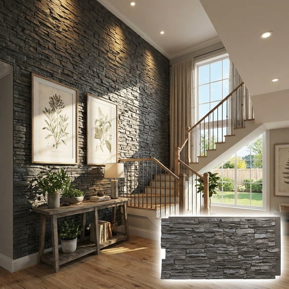 NewStone Canyon Ridge Faux Stone Panel, 45 3/4"W x 24 1/2"H x 1 1/4"D, Slate Gray Color