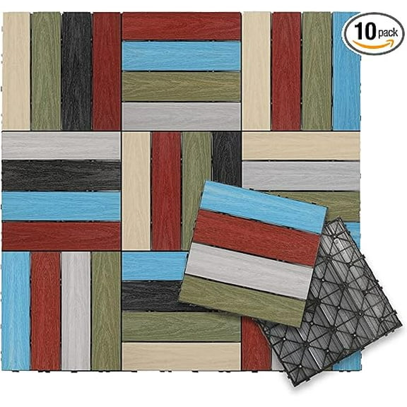 NewTechWood – UltraShield Naturale Deck Tiles for Outdoor Flooring, Weather-Resistant Patio Flooring, Set of 10 1x1-foot Interlocking Deck Tiles, Outdoor Patio Tiles, Rainbow